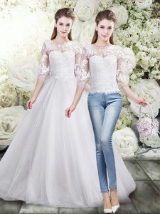 Enchanting White Half Sleeves Tulle Lace Up Wedding Gowns for Wedding Party