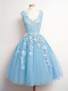 Admirable Baby Blue V-neck Lace Up Lace Quinceanera Court Dresses Sleeveless