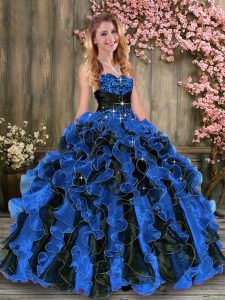Ball Gowns Sweet 16 Dress Blue And Black Sweetheart Organza Sleeveless Floor Length Lace Up