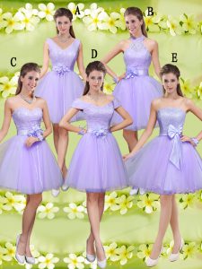 Delicate Knee Length Lilac Quinceanera Dama Dress Tulle Sleeveless Lace and Belt