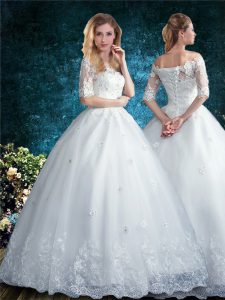 Fashion White Wedding Gown Tulle Half Sleeves Lace