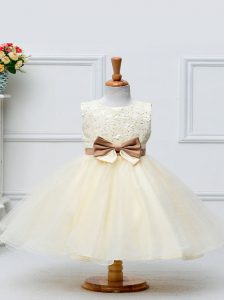 Discount Lace and Bowknot Child Pageant Dress Champagne Zipper Sleeveless Knee Length