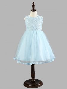 Light Blue A-line Tulle Scoop Sleeveless Lace and Bowknot Knee Length Zipper Kids Pageant Dress