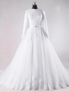 Discount Ball Gowns Long Sleeves White Wedding Dresses Brush Train Lace Up