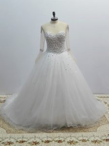Dramatic Tulle Scoop Long Sleeves Brush Train Lace Up Beading Wedding Dresses in White