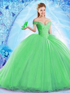 Eye-catching Green Sleeveless Organza Brush Train Lace Up 15th Birthday Dress for Military Ball and Sweet 16 and Quincea
