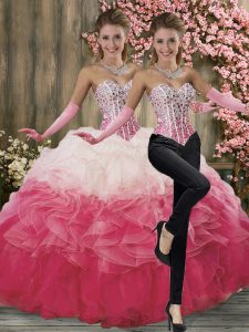 Floor Length Lace Up Quinceanera Dress White And Red for Military Ball and Sweet 16 and Quinceanera with Beading and Ruf