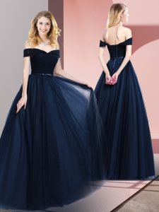 Navy Blue Sleeveless Tulle Lace Up Prom Evening Gown for Prom and Military Ball and Sweet 16
