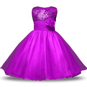 Knee Length Purple Flower Girl Dresses Organza and Sequined Sleeveless Belt and Hand Made Flower