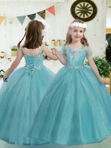Aqua Blue Sleeveless Floor Length Beading Lace Up Little Girl Pageant Dress