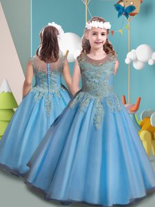 Elegant Scoop Sleeveless Little Girls Pageant Gowns Floor Length Appliques Aqua Blue Tulle