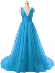 Organza V-neck Sleeveless Brush Train Backless Ruching Prom Evening Gown in Blue