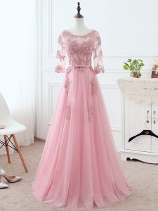 Best Selling Pink Mother of Bride Dresses Prom and Military Ball and Sweet 16 with Lace and Appliques and Belt Scoop 3 4