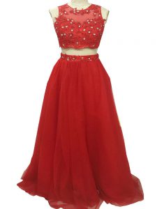 Red Sleeveless Tulle Sweep Train Zipper for Prom and Party and Beach