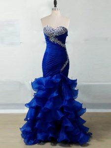 Amazing Sleeveless Organza Floor Length Zipper Going Out Dresses in Royal Blue with Beading and Ruffles and Ruching