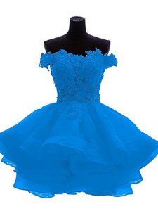 Decent Mini Length Blue Prom Gown Organza Sleeveless Lace and Appliques and Ruffles