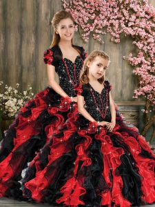 Sweetheart Sleeveless Lace Up 15 Quinceanera Dress Red And Black Organza