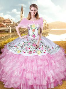 Embroidery and Ruffled Layers Quinceanera Gown Rose Pink Lace Up Sleeveless Floor Length