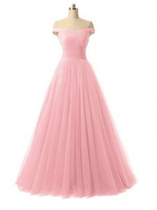 Sweet Baby Pink Tulle Lace Up Prom Dress Sleeveless Floor Length Ruching