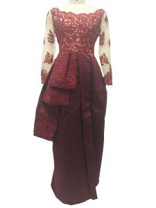 Fine Long Sleeves Floor Length Lace and Appliques Zipper Mother of the Bride Dress with Burgundy