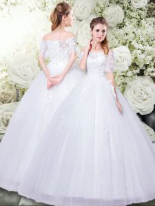 White Lace Up Bridal Gown Beading and Lace and Appliques Half Sleeves Floor Length