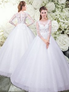 White Scoop Neckline Lace Wedding Gowns 3 4 Length Sleeve Zipper