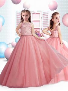Scoop Sleeveless Lace Up Little Girls Pageant Gowns Coral Red Tulle