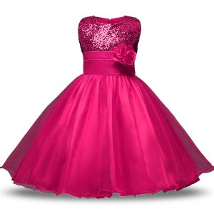 Custom Fit Hot Pink Sleeveless Belt and Hand Made Flower Knee Length Toddler Flower Girl Dress