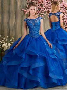 Royal Blue Tulle Lace Up Scoop Sleeveless Floor Length Sweet 16 Quinceanera Dress Beading and Ruffled Layers