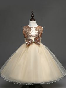 Excellent Tulle Sleeveless Tea Length Kids Formal Wear and Sequins and Bowknot