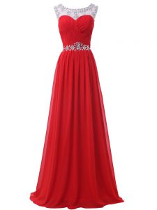 Nice Floor Length Red Prom Evening Gown Chiffon Sleeveless Beading and Ruching