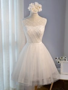 Hot Selling White A-line Scoop Sleeveless Tulle Mini Length Lace Up Beading Prom Dress