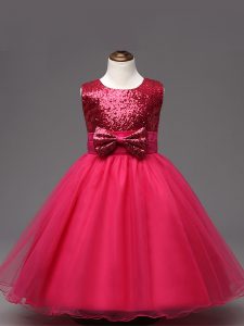 Tea Length Zipper Pageant Gowns For Girls Hot Pink for Wedding Party with Sequins and Bowknot