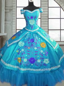 Teal Quinceanera Dress Military Ball and Sweet 16 and Quinceanera with Beading and Embroidery Sweetheart Short Sleeves L