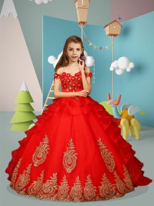 Red Off The Shoulder Neckline Appliques and Embroidery Kids Formal Wear Sleeveless Lace Up