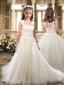 Tulle Sleeveless Toddler Flower Girl Dress Sweep Train and Lace and Belt
