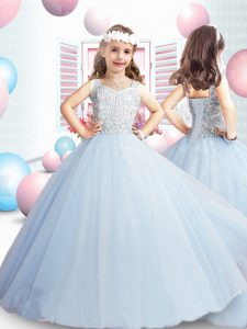 Floor Length Ball Gowns Sleeveless Light Blue Little Girl Pageant Gowns Lace Up