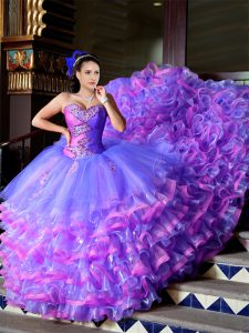 Best Multi-color Organza Lace Up Sweetheart Sleeveless Quinceanera Dresses Court Train Beading and Ruffles