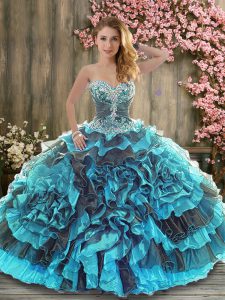 Luxury Blue And Black Ball Gown Prom Dress Military Ball and Sweet 16 and Quinceanera with Beading and Ruffles Sweethear