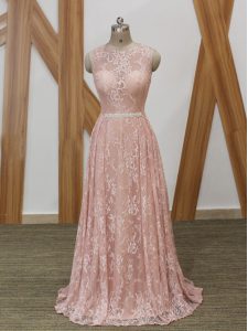 Floor Length Pink Prom Evening Gown Chiffon and Lace Brush Train Sleeveless Beading
