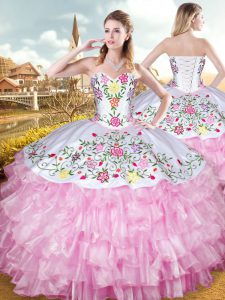 Fabulous Rose Pink Ball Gowns Organza and Taffeta Sweetheart Sleeveless Embroidery and Ruffled Layers Floor Length Lace 