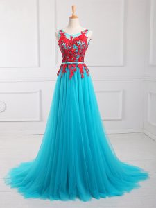 Popular Aqua Blue Empire Lace and Appliques Dress for Prom Zipper Tulle Sleeveless