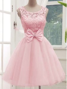 New Style Lace and Bowknot Bridesmaid Dresses Baby Pink Lace Up Sleeveless Knee Length