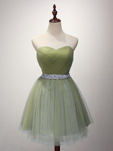 Olive Green A-line Beading and Ruching Bridesmaid Dress Lace Up Tulle Sleeveless Mini Length