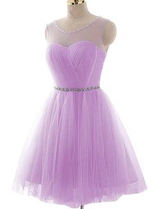 Fantastic Lavender Scoop Lace Up Beading and Ruching Party Dress Wholesale Sleeveless