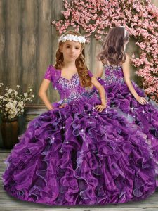 Beautiful Beading and Ruffles Pageant Gowns For Girls Black And Purple Lace Up Sleeveless Floor Length
