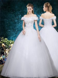 Pretty Tulle and Sequined Off The Shoulder Sleeveless Lace Up Beading and Hand Made Flower Wedding Dress in White