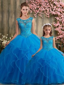 Sleeveless Tulle Floor Length Lace Up Quince Ball Gowns in Blue with Beading and Embroidery