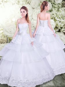 Elegant White Sweetheart Neckline Lace and Ruffled Layers Wedding Gown Sleeveless Lace Up