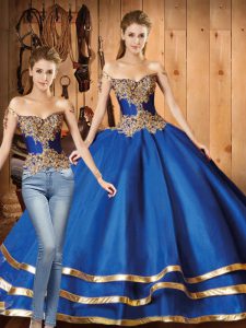 Royal Blue Two Pieces Off The Shoulder Long Sleeves Organza Sweep Train Lace Up Beading and Ruffled Layers Vestidos de Q